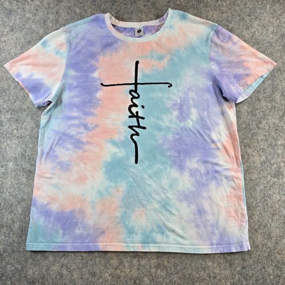 Tie Dye T-shirt Size L / XL Faith Cross Pink Purple Blue 95% Cotton Boho